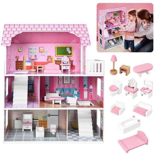 Yuenfong Maison De Poupée En Bois Avec Mobilier Et Accessoires, Maison Barbie 70 Cm De Haut Pour Les Enfants À Partir De 3 Ans
