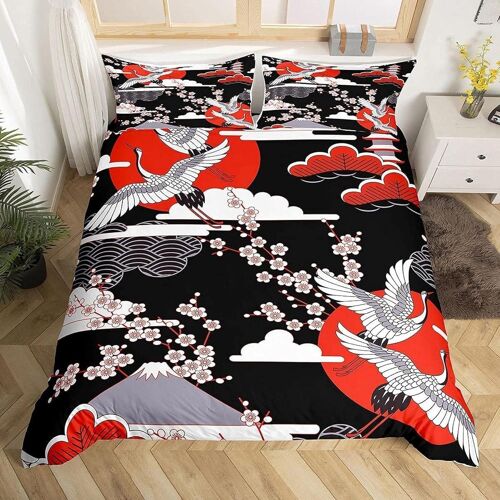 Housse De Couette X Adulte Grue Blanche Japonaise Sakura Parure De Lit X Adulte Literie Avec Taies D'oreiller X + Housse De Couette Imprim¿¿