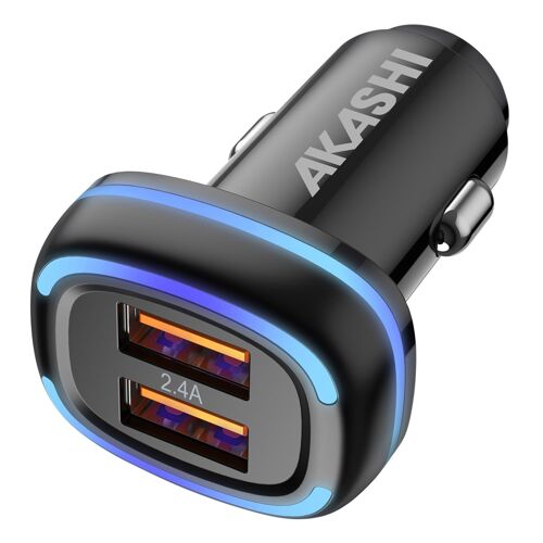 Chargeur Voiture Double USB 2.4A Charge Rapide LED Lumineux Akashi Noir