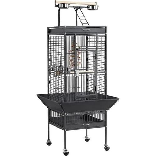 Cage À Oiseaux Sur Pied Avec Toit Perchoir, Cage Pour Perruches À Roulettes, Grand Cage À Oiseaux En Métal 66,5 X 65,6 X 156,5[146]