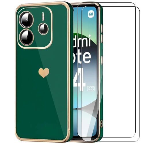 Coque + 2 Verres Trempés Pour Xiaomi Redmi Note 14 4g (Pas Pour 5g) Protection Motif C?ur Antichoc Léger - Vert Nuit - E.F.Connection