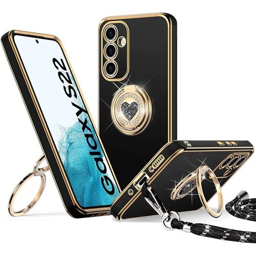 Coque Pour Samsung Galaxy S22, Protection Silicone Antichoc Avec Cordon Et Anneau Motif Coeur - Noir - E.F.Connection