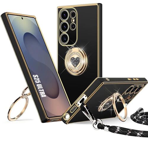 Coque Pour Samsung Galaxy S25 Ultra, Protection Silicone Anti-Rayures Avec Anneau Motif Coeur Brillant Et Cordon - Noir - E.F.Connection