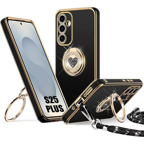 Coque Pour Samsung Galaxy S25 Plus (S25+) Protection Silicone Antichoc Avec Cordon Et Anneau Motif Coeur - Noir - E.F.Connection