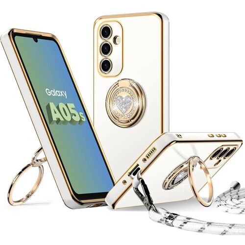 Coque Pour Samsung Galaxy A05s, Silicone Ultra Slim Souple Avec Cordon Et Anneau Rotatif Brillant Motif Coeur - Blanc - E.F.Connection