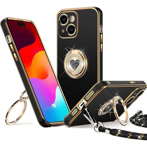 Coque Pour Iphone 15, Protection Silicone Anti-Rayures Avec Anneau Motif Coeur Brillant Et Cordon - Noir - E.F.Connection