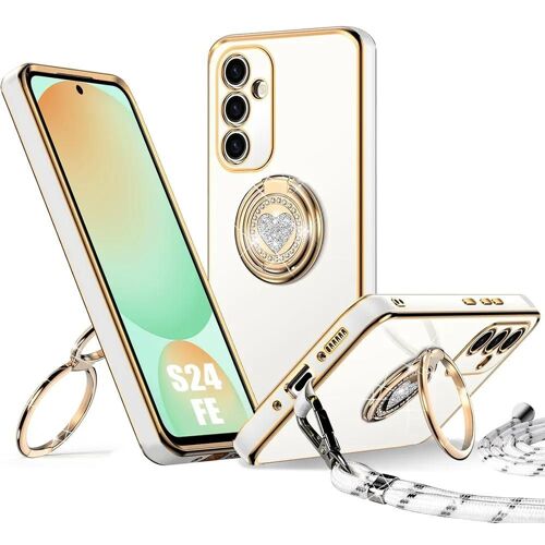 Coque Pour Samsung Galaxy S24 Fe, Protection Silicone Anti-Rayures Avec Anneau Motif Coeur Brillant Et Cordon - Blanc - E.F.Connection
