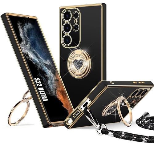 Coque Pour Samsung Galaxy S22 Ultra, Protection Silicone Anti-Rayures Avec Anneau Motif Coeur Brillant Et Cordon - Noir - E.F.Connection