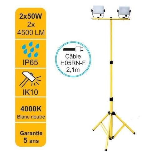 Projecteur LED de chantier 2x50W 2x4500lm 4000K avec trépied ajustable - garantie 5 ans