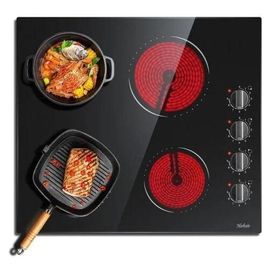 Hobsir Plaque Vitrocéramique 6000W, plaque de cuisson vitroceramique 4 feux, 9 Niveaux de Puissance, 4 zones de cuisson, surface en verre noir poli 59 cm, bouton de commande, fil dur, pas de prise