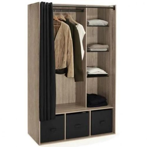 Dressing penderie DIANE 105 x 50 x 172 cm hêtre avec étagères + boites de rangement + rideau noir