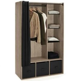 Dressing penderie DIANE 105 x 50 x 172 cm hêtre avec étagères + boites de rangement + rideau noir