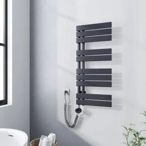 Meykoers Sèche-serviette électrique 899 x 400 mm Anthracite Radiateur sèche-Serviettes Avec 400W élément chauffant - Lames plates ouverture laterale
