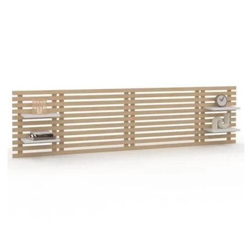 Tête De Lit Lattes Ava 240 Cm Bois Clair Et Étagères Blanches