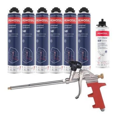 Pack 6 Mousses polyuréthanes Universal Gunfoam 146 pistolable 690ml PENOSIL + Nettoyant FoamCleaner 929 500ml + Pistolet manuel