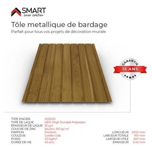 Tôle bac acier - Toiture - Couverture - plaque H12 Coloris Golden Oak Printech Dimensions 2000x910x0.40mm