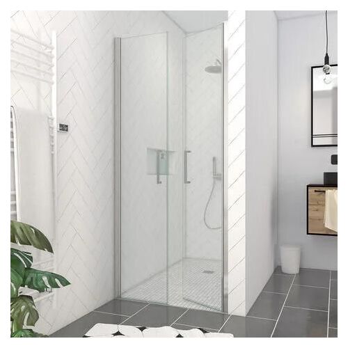 Porte de Douche Double Battant 90x200cm - Verre Trempé Transparent 6mm - Profil Chromé