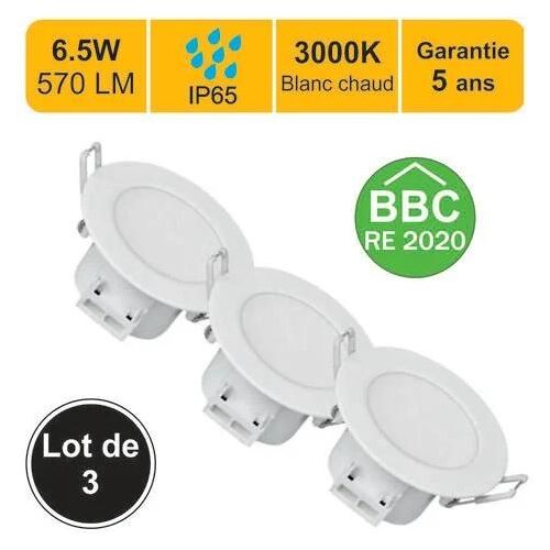 Lot de 3 spots LED encastrable BBC (RT2012/RE2020) IP65 - spécial salle de bain - 6.5W 570 LM 3000K - garantie 5 ans