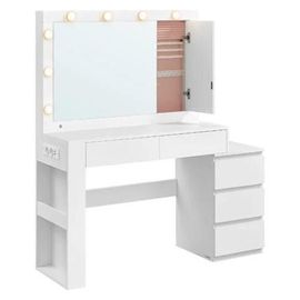 Coiffeuse, Table De Maquillage Avec Tiroir, Avec Éclairage Led Et Miroir, Armoire À Bijoux, Multiprise, 40 X 125 X 140 Cm, Conception Moderne, Blanc Nuage