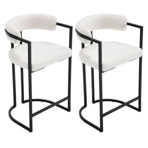 Tabouret De Bar Lot De 2 Tabourets Bar Avec Accoudoirs Et Dossier Chaise De Bar Pied En Métal Pour Bar Et Cuisine, Fausse Fourrure, Blanc