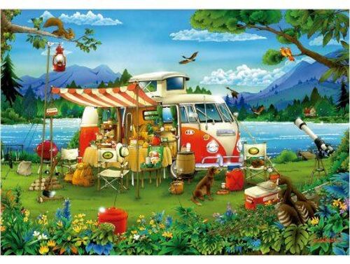 Puzzle Adulte 1000 Pieces Camping Au Bord Du Lac Avec Combi Volkswagen - Set Collection Paysage Et Montagne + Carte tigre