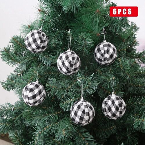 6/24PCS Christams Plaid Tissu Boule Décoratif Plaid Boule Noël Arbre Suspendu Ornement Festival Maison Fête Approvisionnement Noir Blanc,6PS