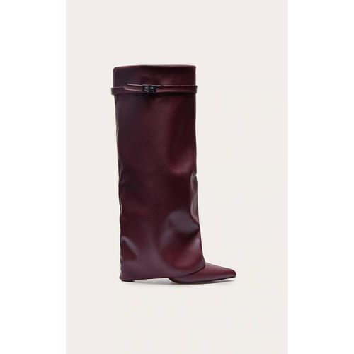 Bottes Hautes En Pu Bordeaux Repliées Talon Carré Et Bout Pointu Bordeaux
