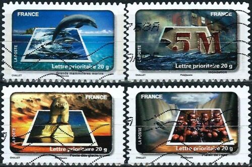 France 2010, Série "Protégeons L'eau, Beaux Timbres Yvert 403 Mammifères Marins, 405 Inindation, 410 Plaisir De L'eau Et 414 Fonte Des Glaciers, Oblitérés, Tbe.