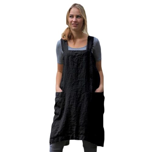 Vintage Cottage Maison Jardin Double Poches Solide Tablier Tablier Tablier Robe Casual Loose Fit Pour Femmes Noir,2xl