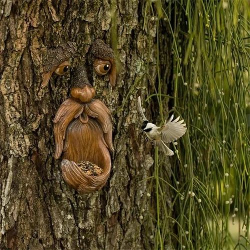 Mangeoires D'oiseaux Uniques Arbres Visages Décor Avec Grande Bouche Ouverte Simulation Résine Artisanat Ornement Pour Jardin En Plein Air Nouveau