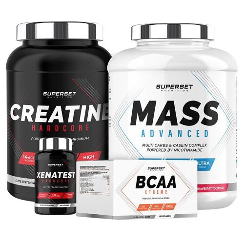 Programme Prise De Masse Expert - Mass Advanced 2,5kg Fraise Yogourt - Créatine Hardcore - Bcaa Xtreme - Xenatest Hardcore 