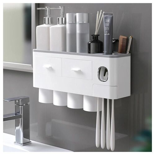 Brosse à dents en plastique dentifrice support de stockage drainant multifonctionnel pour la maison salle de bain gris,4 tasses
