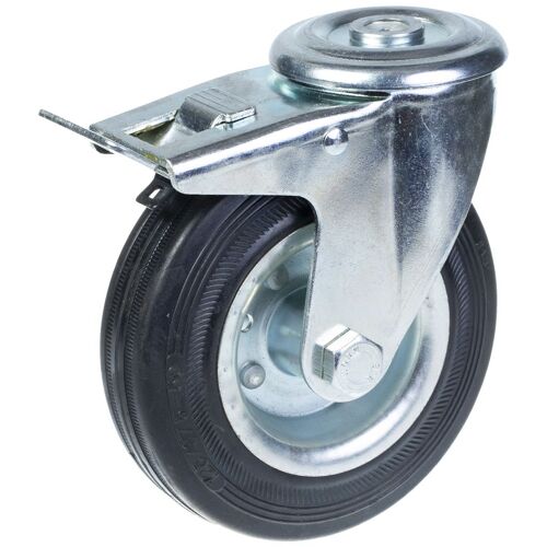 125mm swivel/brake castor with black rubber on pressed steel centre wheel