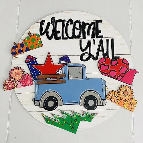 Cintre de porte de camion rond signe de bienvenue pour la porte d'entrée avec 6 inserts interchangeables Rustic Farmhouse Home Decor