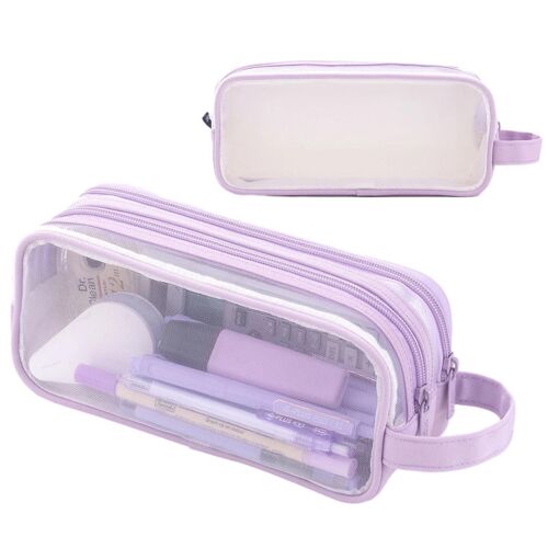 Étui À Crayons En Maille Transparente Fine Workmanship Zipper Net Papeterie Case Pour Bureau D'école Violet