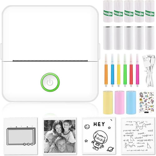 Hamiltion-Mini Imprimante Photo Portable Bluetooth, Imprimante Thermique Sans Fil Avec 13 Rouleaux De Papier D'Imprimante, 6 Crayons De Couleur Et 1 Autocollant, Mini Imprimante Pour Liste, Notes