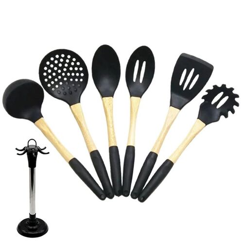 Ensemble d'ustensiles de cuisine pour la cuisine antiadhésif 6 pièces batterie de cuisine en silicone avec poignée en bois et accessoire de cuisson sur support noir,6PCS