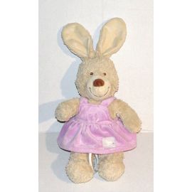 doudou lapin beige robe mauve musical tex baby - peluche berceuse