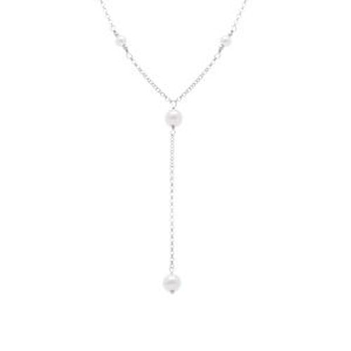 Collier Argent Rhodié Forme Cravate Perles Blanches Imitation 38+5cm
