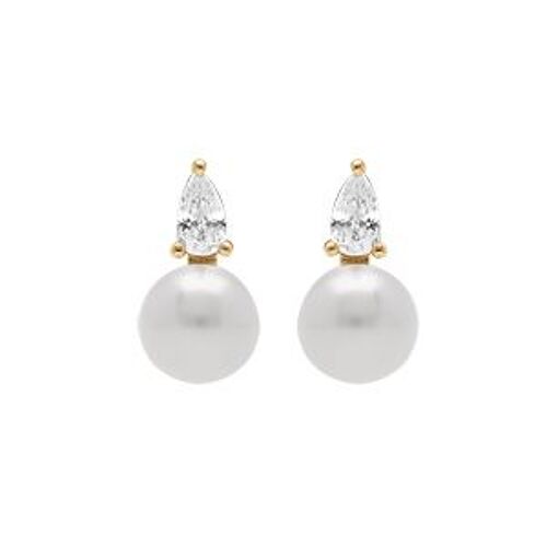 Boucles D'oreilles Argent Doré Perle De Culture D'eau Douce Blanche Avec 1 Oxyde Blanc