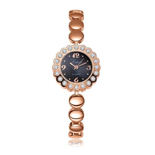 Montre À Affichage Analogique À Quartz Alliage Petit Bracelet Rond Montre-Bracelet (Bracelet En Or Rose,Cadran Noir)