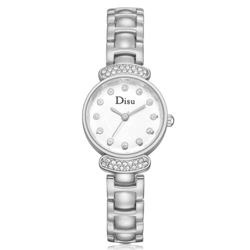 Disu Femmes Femelle Quartz Mouvement Montre Alliage Boîtier Analogique Strass Montre-Bracelet Argent