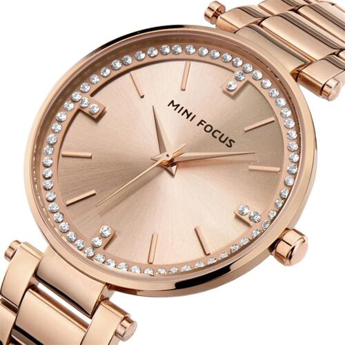 Mini Focus Femmes Élégant Strass Casual Qaurtz Acier Inoxydable Bracelet Montre (Rose)