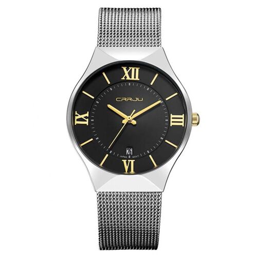 Montre-Bracelet À Quartz En Acier Inoxydable Simple À La Mode Pour Hommes (Bracelet De Montre Argenté + Cadran Noir)