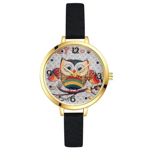 Gaiety 3 Femmes Dames Filles Lovely Owl Motif Quartz Mouvement Montre Montre-Bracelet (Noir)