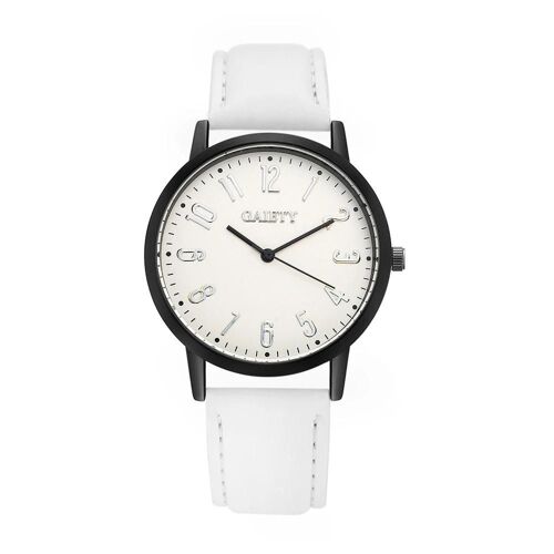 Gaiety Femmes Élégant Cadran Rond Motif Analogique Pu Bracelet Montre-Bracelet Montre À Quartz (Blanc + Noir)