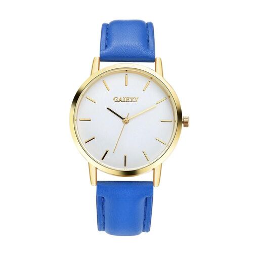Gaiety Femmes Élégant Cadran Rond Motif Analogique Pu Bracelet Montre-Bracelet Montre À Quartz (Bleu)