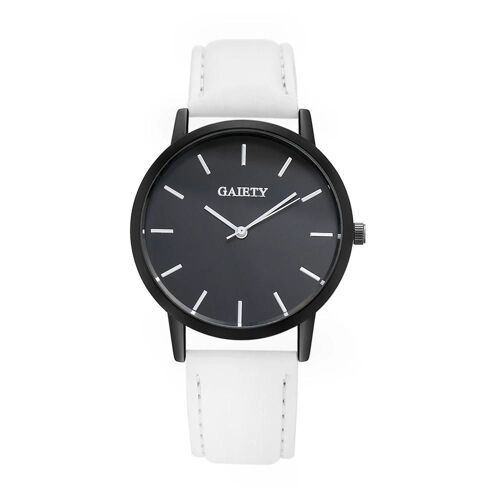 Gaiety Femmes Élégant Cadran Rond Motif Analogique Pu Bracelet Montre-Bracelet Montre À Quartz (Blanc + Noir)