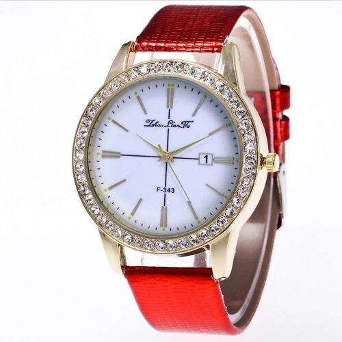 Zhoulianfa Mode Femmes Quartz Mouvement Métal Strass Montre Bracelet En Cuir (Rouge)