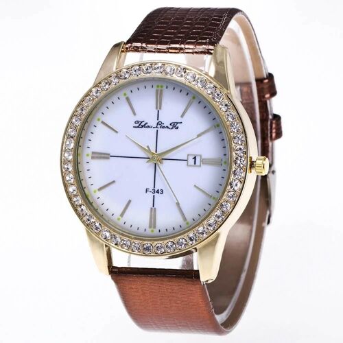 Zhoulianfa Mode Femmes Quartz Mouvement Métal Strass Montre Bracelet En Cuir (Café)